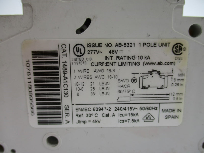 ALLEN BRADLEY 1489-A1C130 SER. A 277V 13A UNMP