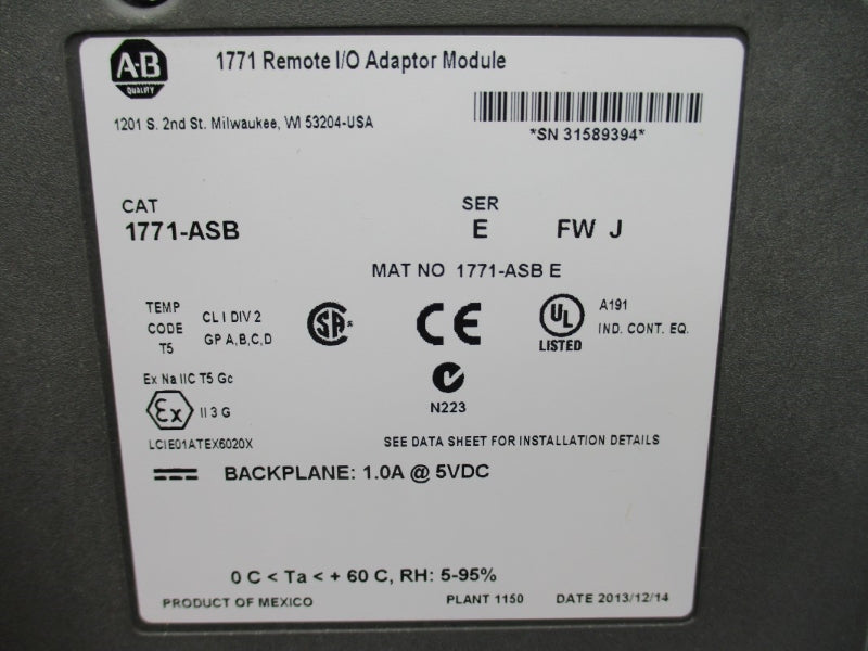ALLEN BRADLEY 1771-ASB SER. E F/W J 5VDC 1.0A NSMP