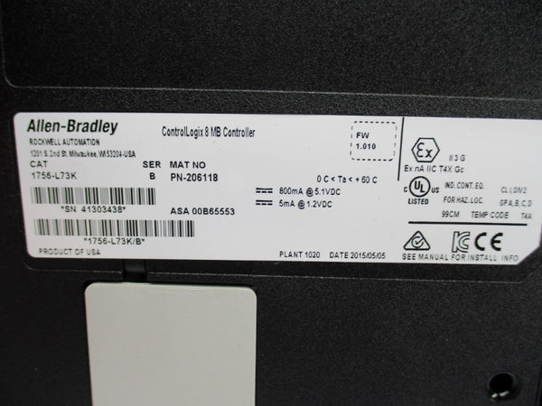 ALLEN BRADLEY 1756-L73K SER. B F/W 1.010 5.1VDC NSMP
