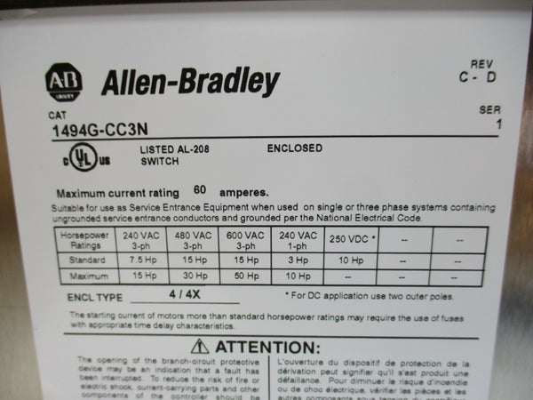 ALLEN BRADLEY 1494G-CC3N SER. 1 600VAC 60A NSMP