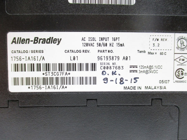 ALLEN BRADLEY 1756-IA16I SER. A F/W 3.2 120VAC (NO TERMINAL) NSNP