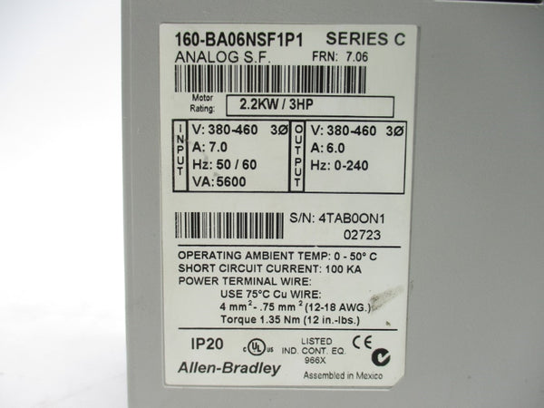 ALLEN BRADLEY 160-BA06NSF1P1 SER. C F/W 7.06 380-460V 7.0A NSNP