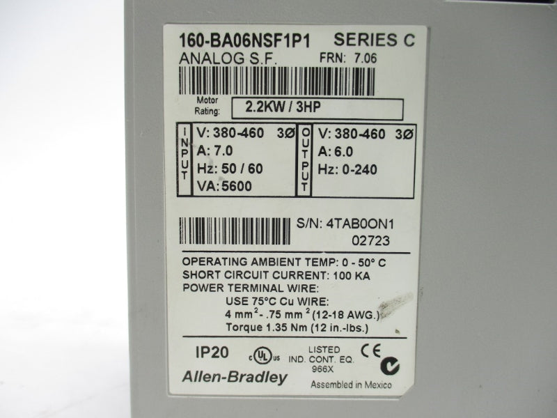 ALLEN BRADLEY 160-BA06NSF1P1 SER. C F/W 7.06 380-460V 7.0A NSNP