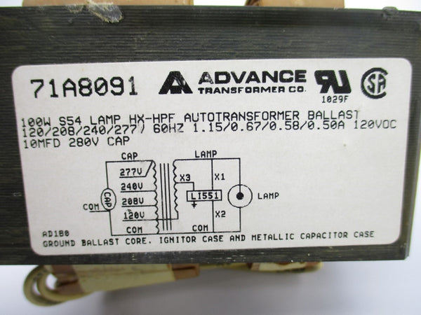 ADVANCE TRANSFORMER 71A8091 280V 1.15A UNMP