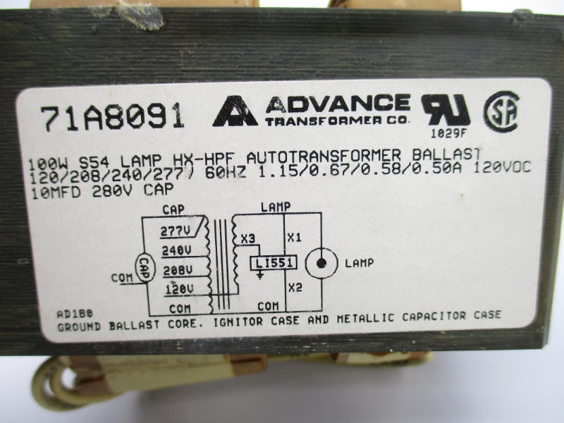 ADVANCE TRANSFORMER 71A8091 280V 1.15A UNMP