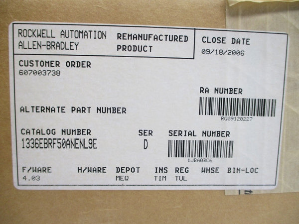 ALLEN BRADLEY 1336E-BRF50-AN-EN-L9E SER. D F/W 4.03 380/480VAC 10.7A REMAN