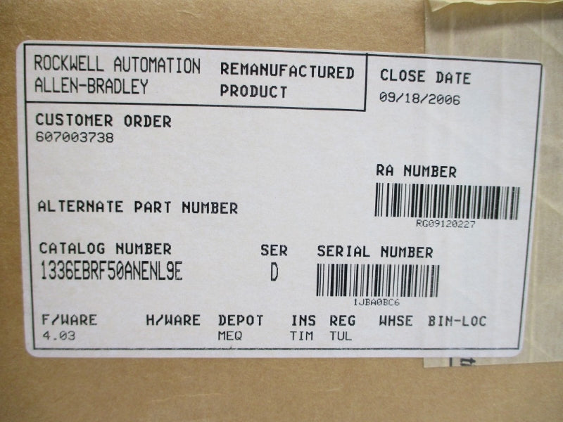 ALLEN BRADLEY 1336E-BRF50-AN-EN-L9E SER. D F/W 4.03 380/480VAC 10.7A REMAN