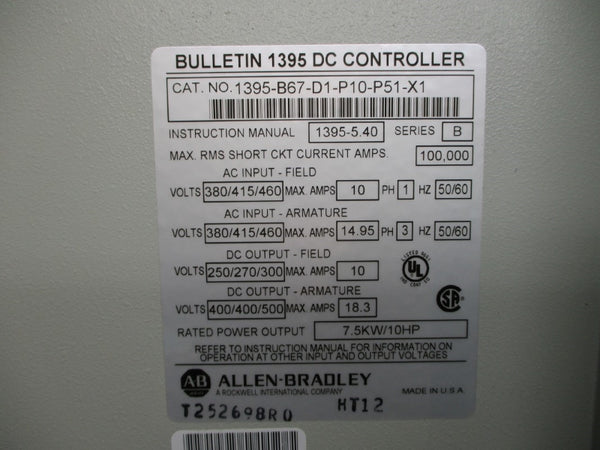 ALLEN BRADLEY 1395-B67-D1-P10-P51-X1 SER. B 380/415/460VAC 10-14.95A NSNP
