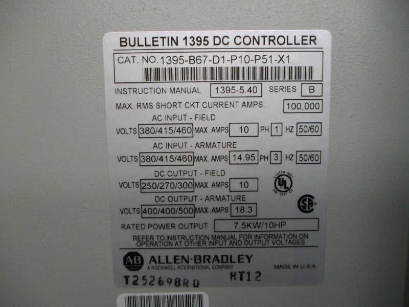 ALLEN BRADLEY 1395-B67-D1-P10-P51-X1 SER. B 380/415/460VAC 10-14.95A NSNP