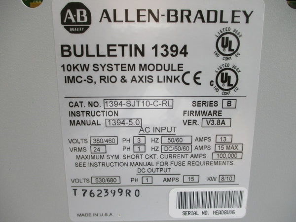 ALLEN BRADLEY 1394-SJT10-C-RL SER. B F/W V3.8A 380/460VAC 15A UNMP