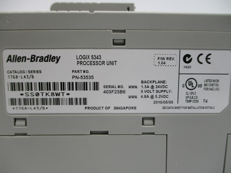 ALLEN BRADLEY 1768-L43 SER. B F/W 1.04 24VDC 1.3A NSMP