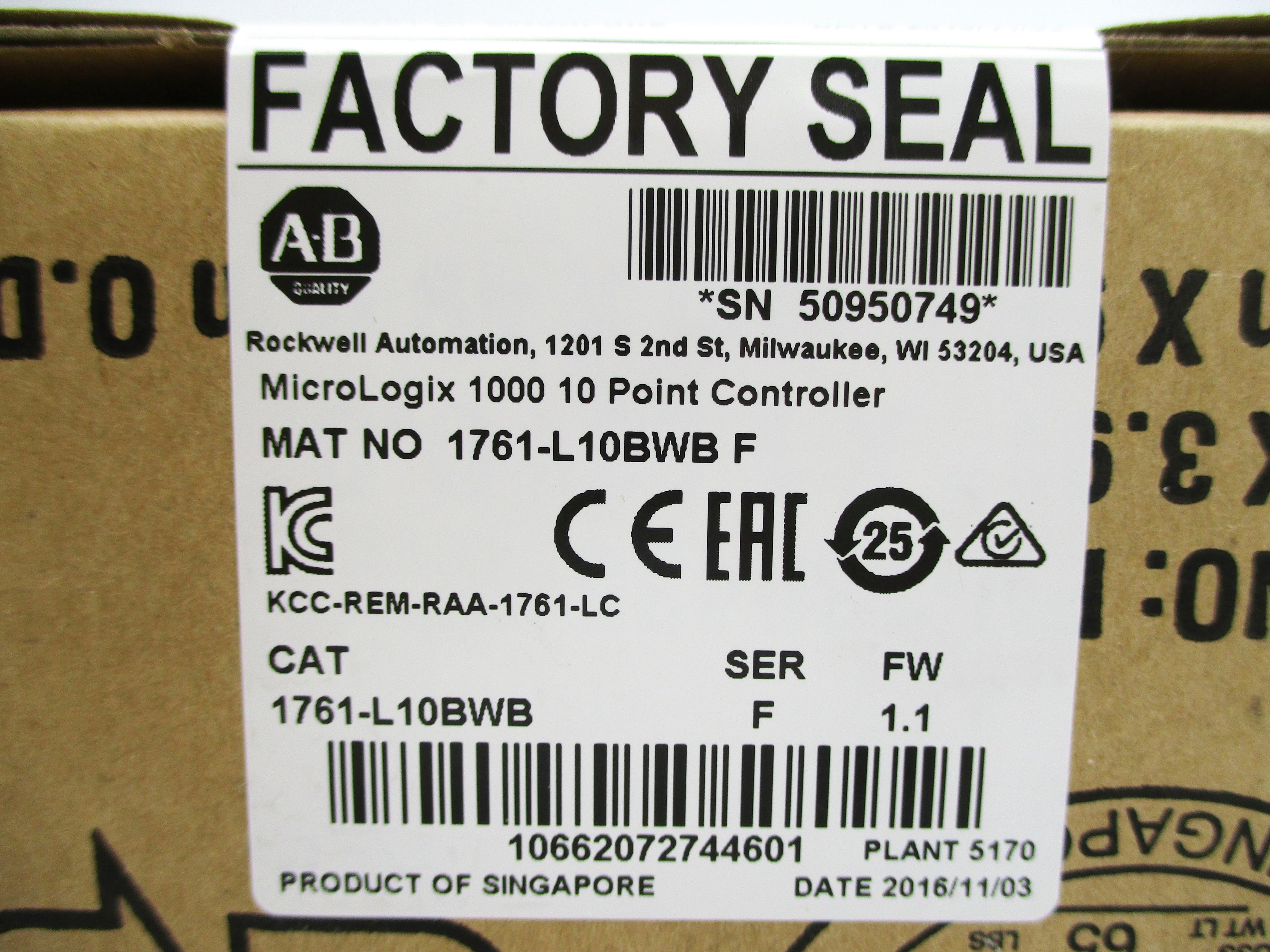 ALLEN BRADLEY 1761-L10BWB SER. F F/W 1.1 DATE: 2016 NSFS