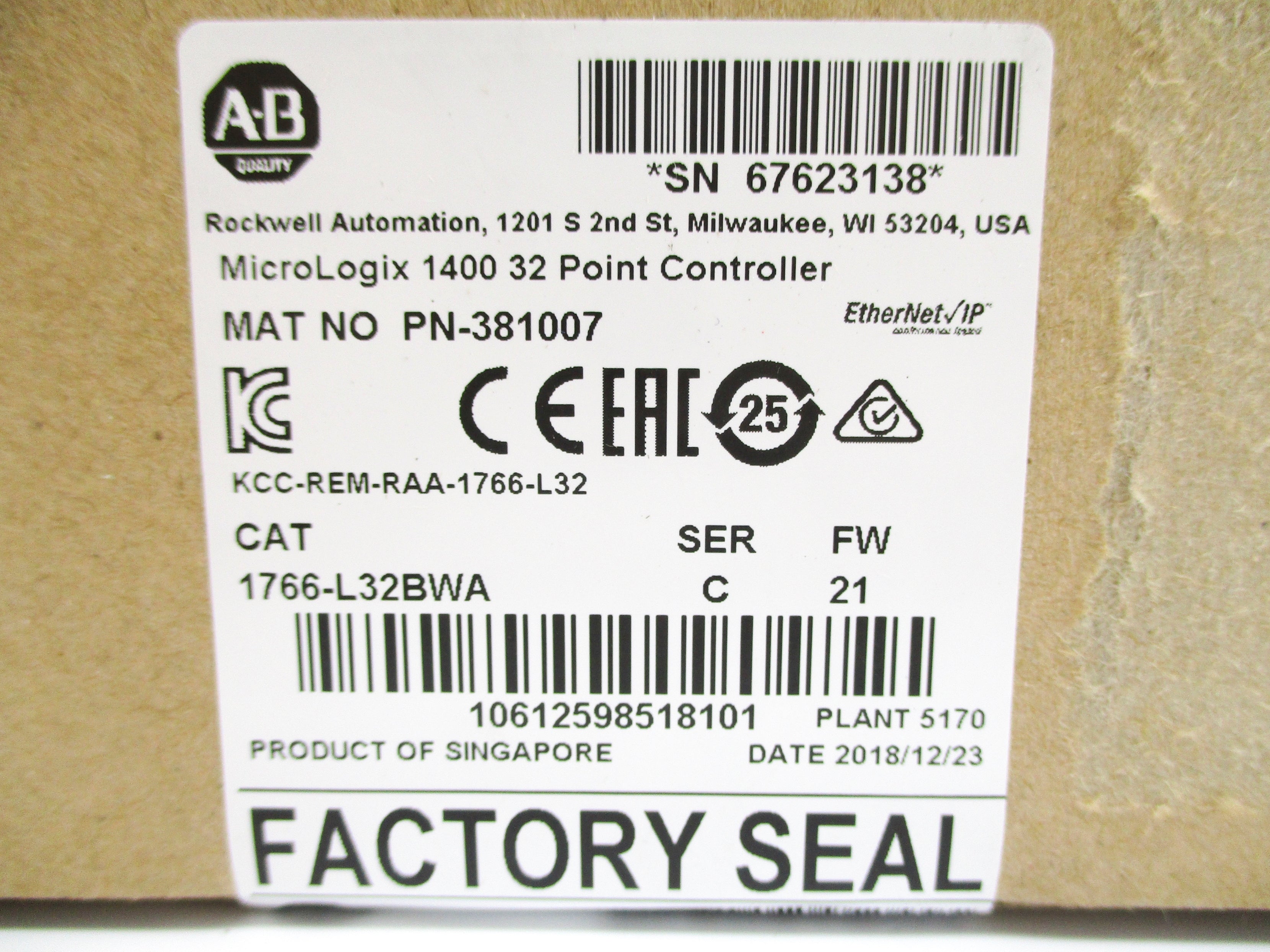 ALLEN BRADLEY 1766-L32BWA SER. C F/W 21 DATE: 2018 NSFS
