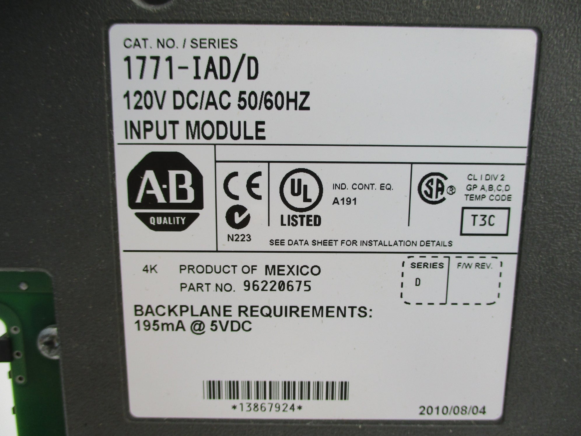 ALLEN BRADLEY 1771-IAD SER. D 120VC/DC UNMP