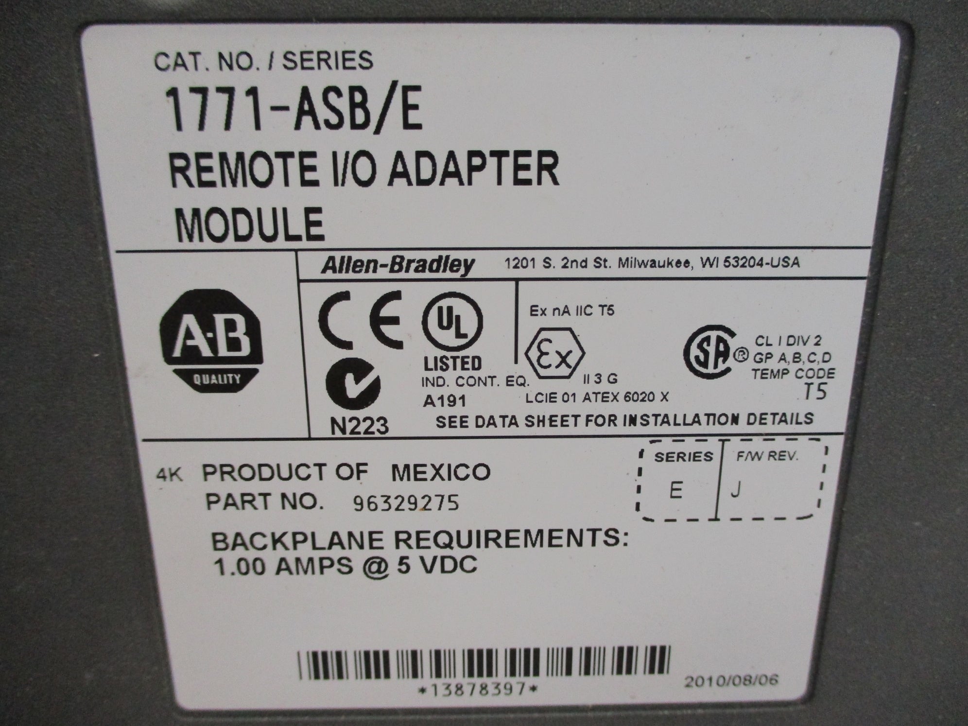 ALLEN BRADLEY 1771-ASB SER. E F/W J (AS PICTURED) UNMP