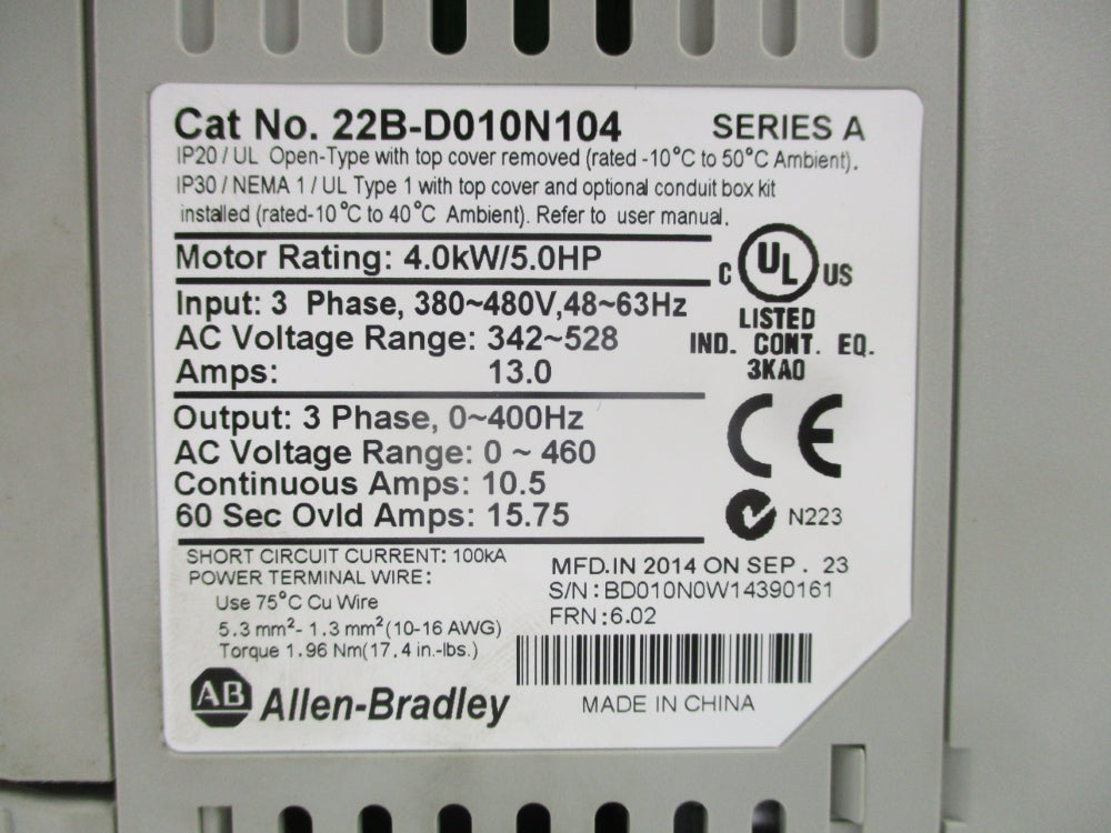 ALLEN BRADLEY 22B-D010N104 SER. A F/W 6.02 342-528V 13.0A NSMP