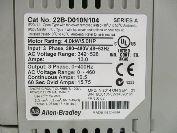 ALLEN BRADLEY 22B-D010N104 SER. A F/W 6.02 342-528V 13.0A NSMP