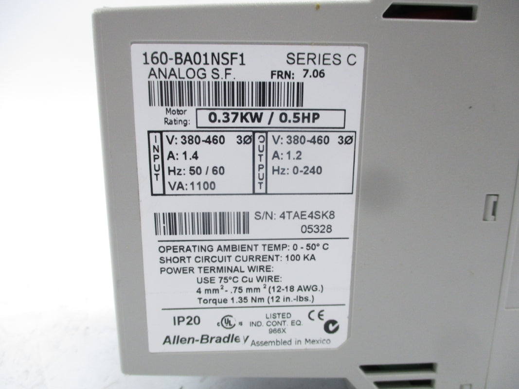 ALLEN BRADLEY 160-BA01NSF1 SER. C F/W 7.06 380-460V 1.4A NSMP