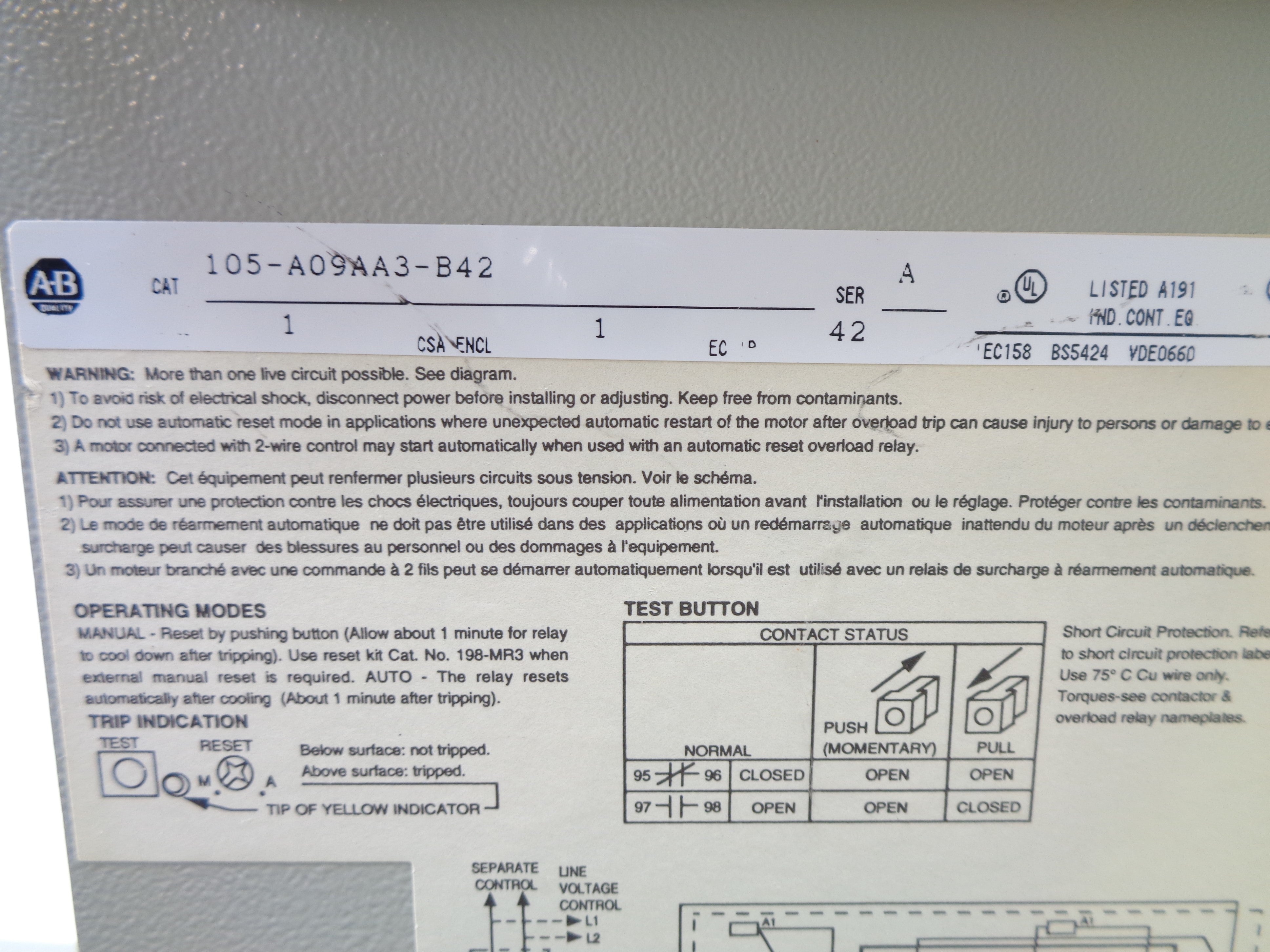 ALLEN BRADLEY 105-A09AA3-B42 SER. A NSNP