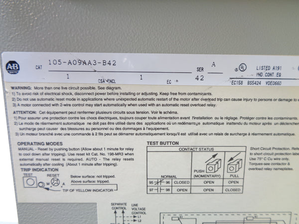 ALLEN BRADLEY 105-A09AA3-B42 SER. A NSNP