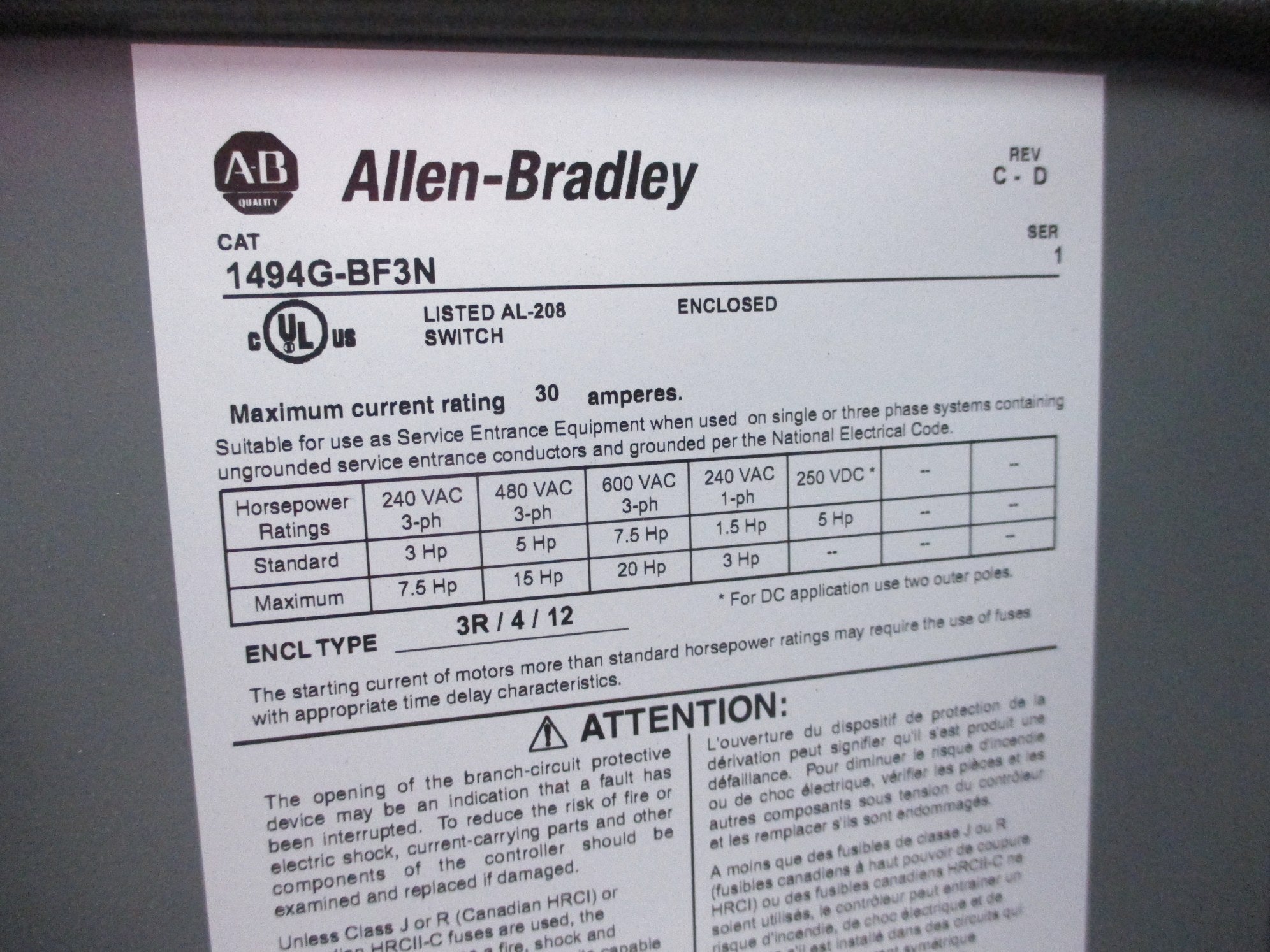 ALLEN BRADLEY 1494G-BF3N SER. 1 NSNP