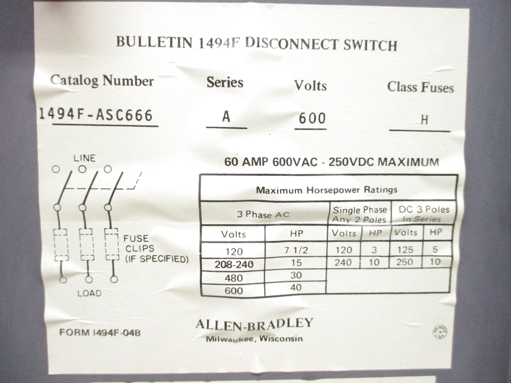 ALLEN BRADLEY 1494F-ASC666 SER. A NSNP