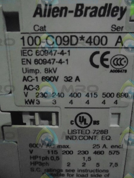 ALLEN BRADLEY 100-C09DJ400 SER. A CONTACTOR 120V  UNMP