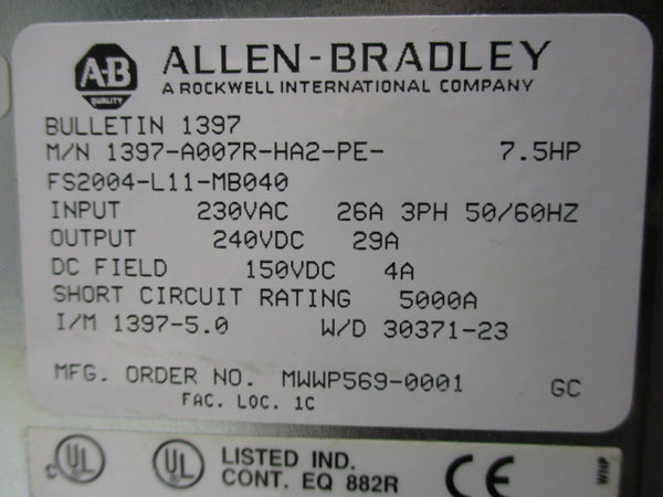 ALLEN BRADLEY 1397-A007R-HA2-PE-FS2400-L11-MB040 UNMP