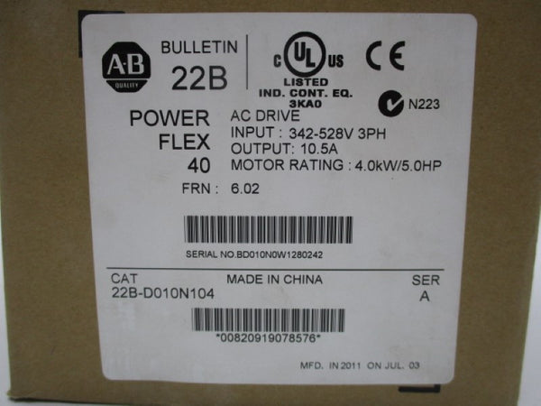 ALLEN BRADLEY 22B-D010N104 SER. A F/W 6.02 342-528V 13.0A NSMP