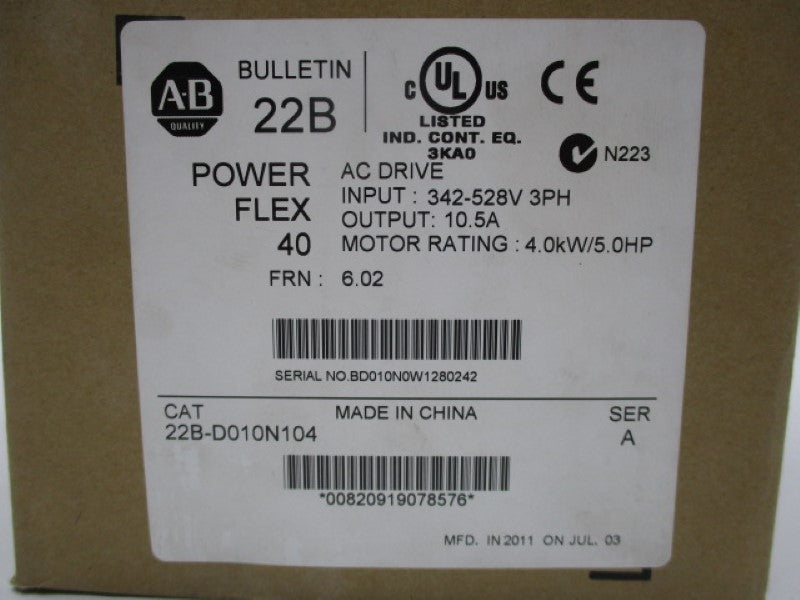 ALLEN BRADLEY 22B-D010N104 SER. A F/W 6.02 342-528V 13.0A NSMP