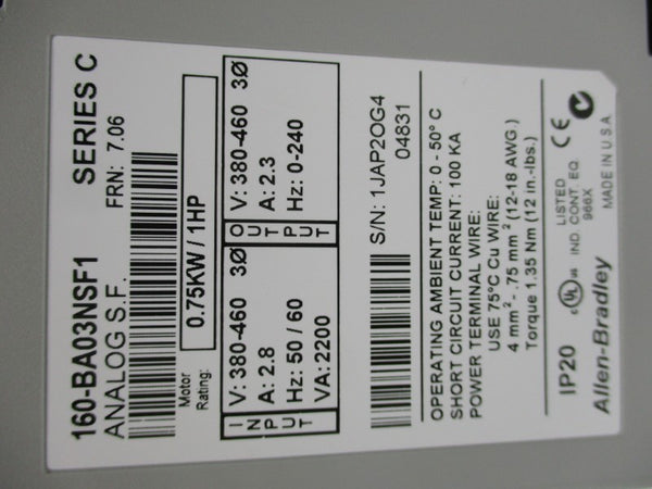 ALLEN BRADLEY 160-BA03NSF1 SER. C 380/460V 2.8A F/W 7.06 NSMP
