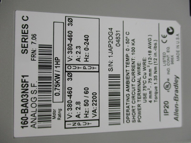 ALLEN BRADLEY 160-BA03NSF1 SER. C 380/460V 2.8A F/W 7.06 NSMP