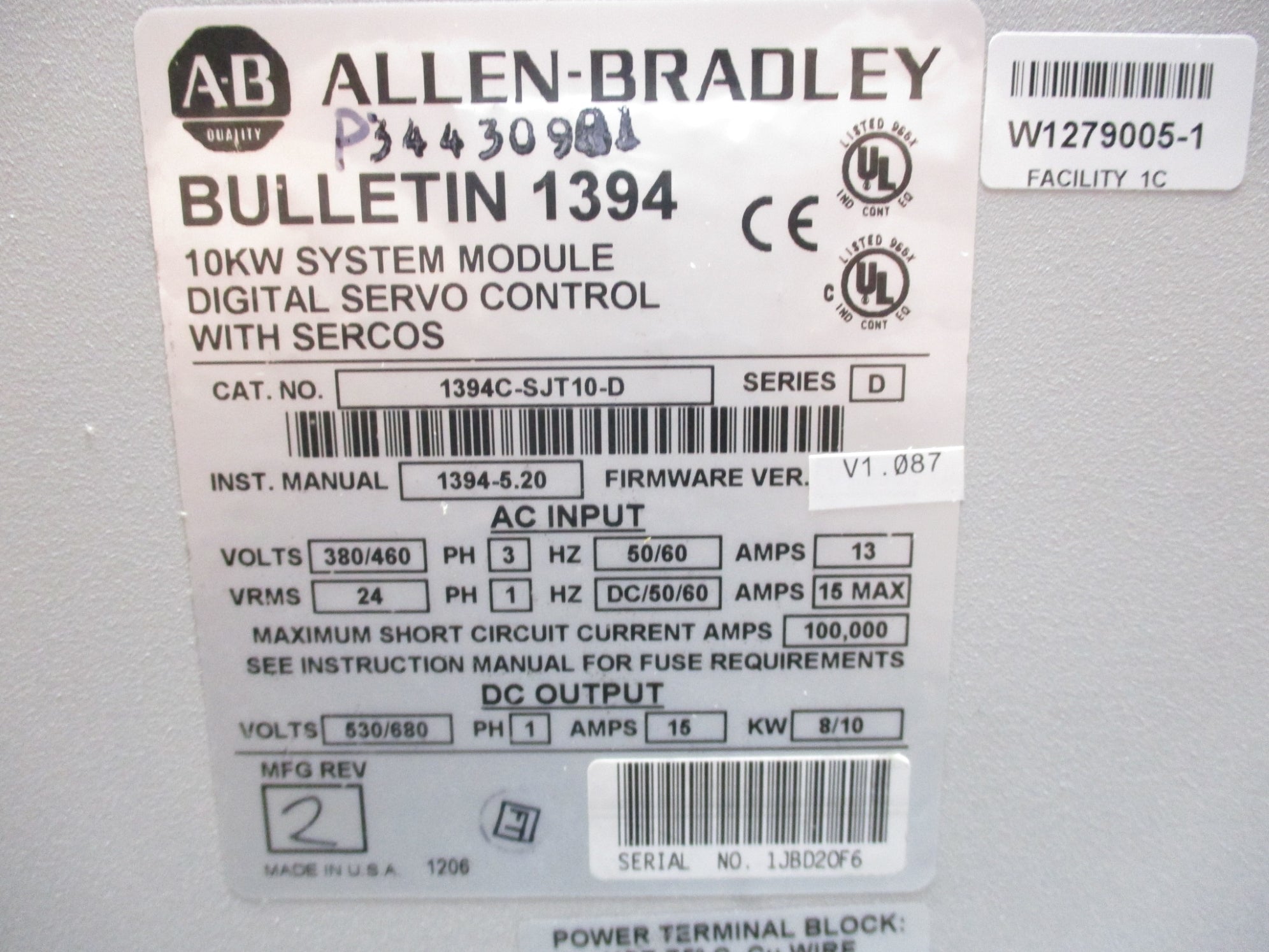 ALLEN BRADLEY 1394C-SJT10-D SER. D F/W V1.087 REMAN