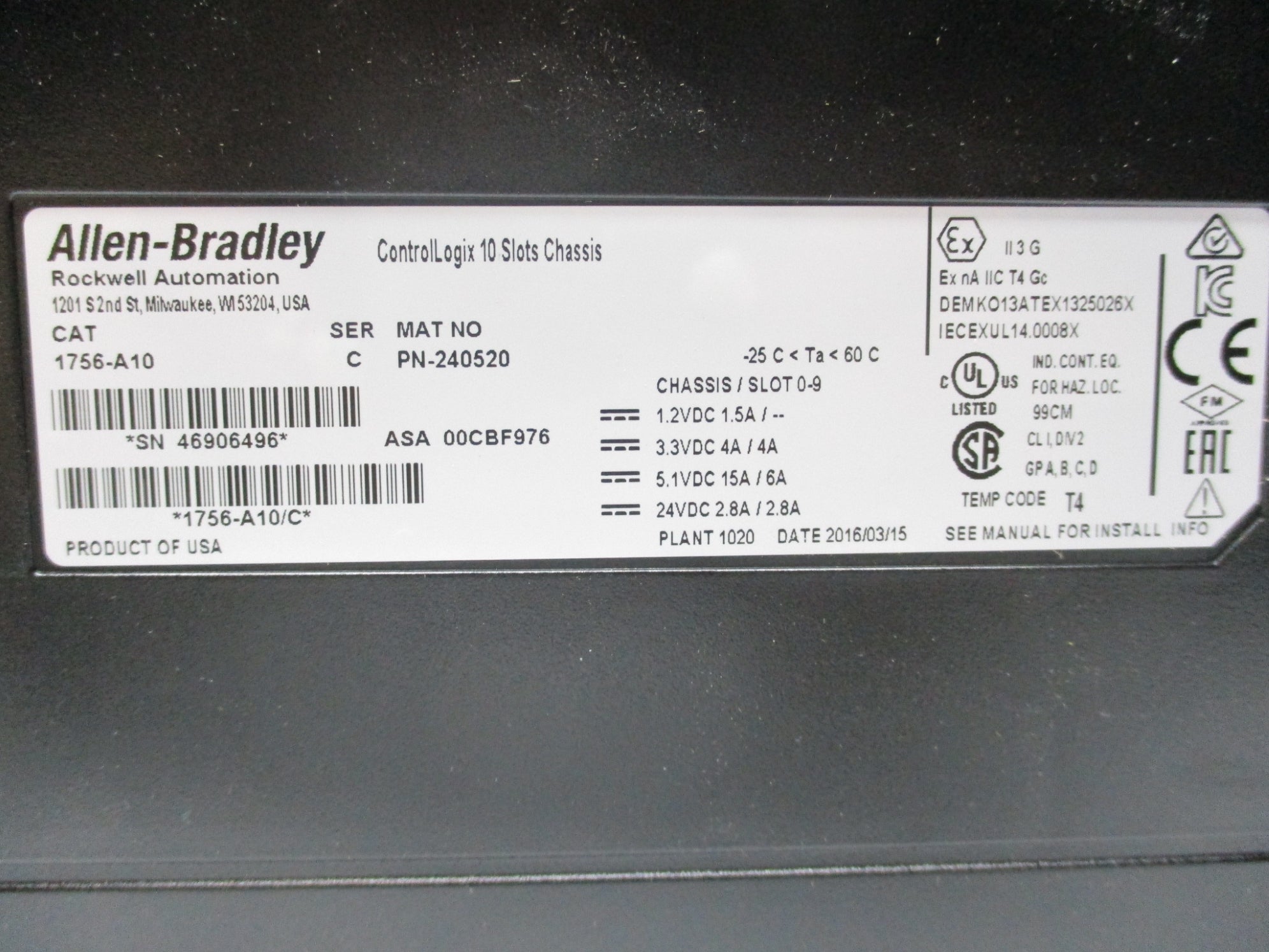 ALLEN BRADLEY 1756-A10 SER. C 24VDC 15A NSMP