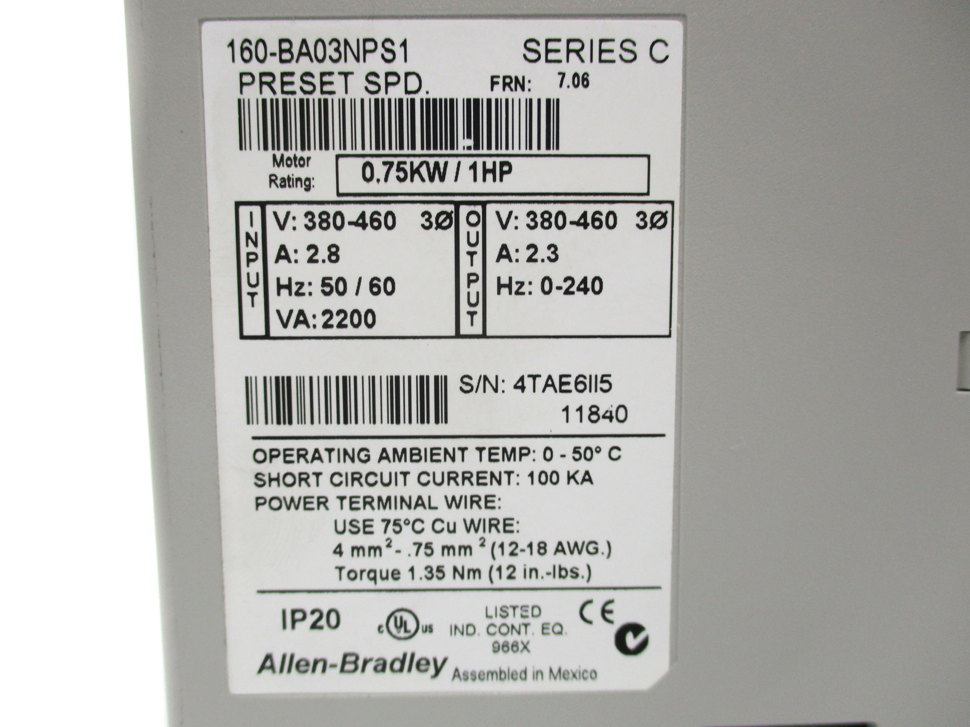 ALLEN BRADLEY 160-BA03NPS1 SER. C F/W 7.06 NSNP