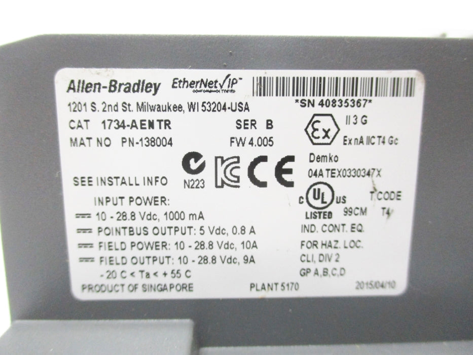 ALLEN BRADLEY 1734-AENTR SER. B 10-28.8VDC 10A F/W 4.005 NSMP