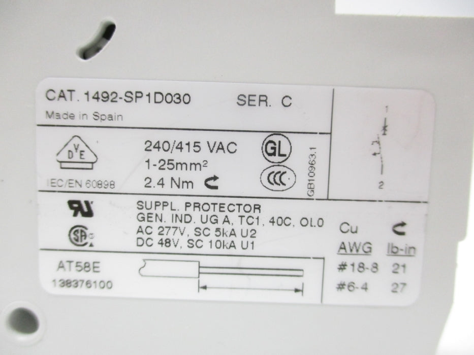 ALLEN BRADLEY 1492-SP1D030 SER. C 277VAC 3A NSNP