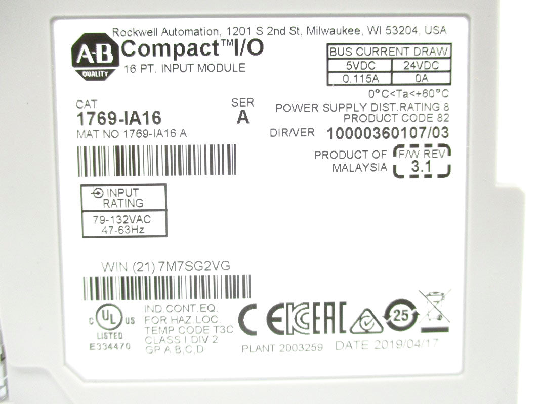 ALLEN BRADLEY 1769-IA16 SER. A 120VAC 0.115A F/W 3.1 NSMP