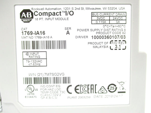 ALLEN BRADLEY 1769-IA16 SER. A 120VAC 0.115A F/W 3.1 NSMP