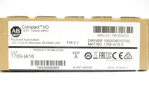 ALLEN BRADLEY 1769-IA16 SER. A 120VAC 0.115A F/W 3.1 NSMP
