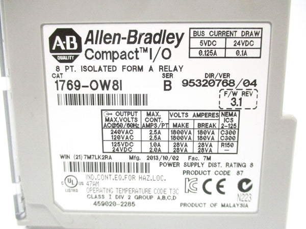 ALLEN BRADLEY 1769-OW8I SER. B F/W 3.1 24VDC 0.1A (NO TERMINAL) NSMP