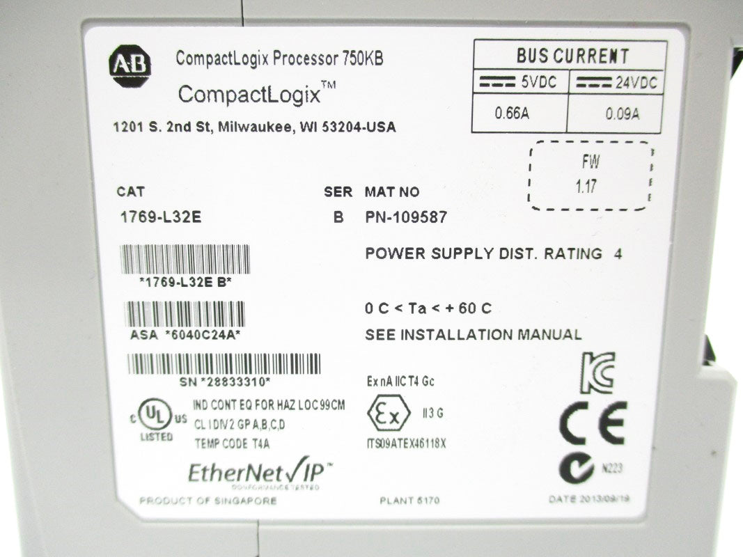 ALLEN BRADLEY 1769-L32E SER. B F/W 1.17 24VDC 0.09A NSNP