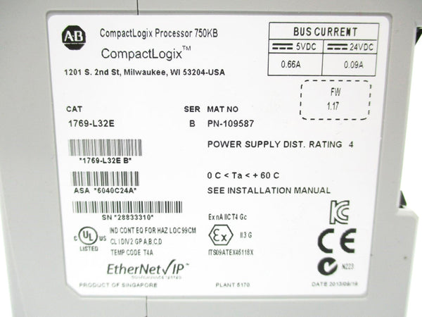 ALLEN BRADLEY 1769-L32E SER. B F/W 1.17 24VDC 0.09A NSNP