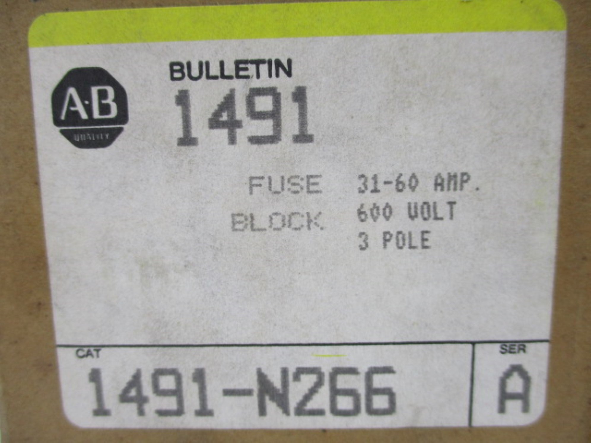 ALLEN BRADLEY 1491-N266 SER. A 600V 60A (BR/YL) NSMP