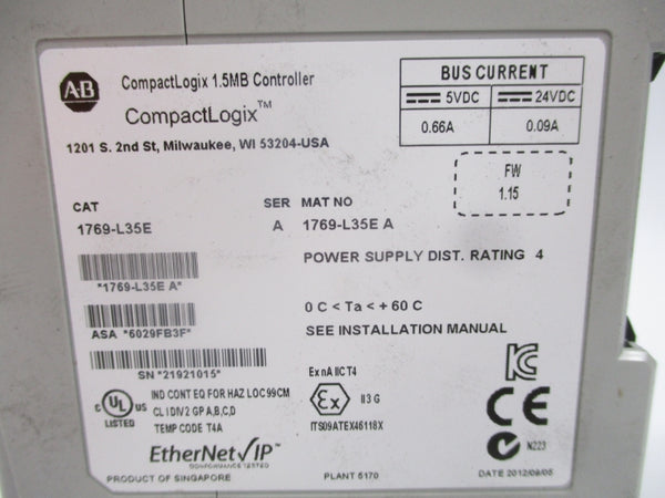 ALLEN BRADLEY 1769-L35E SER. A F/W 1.15 24VDC 0.09A NSMP