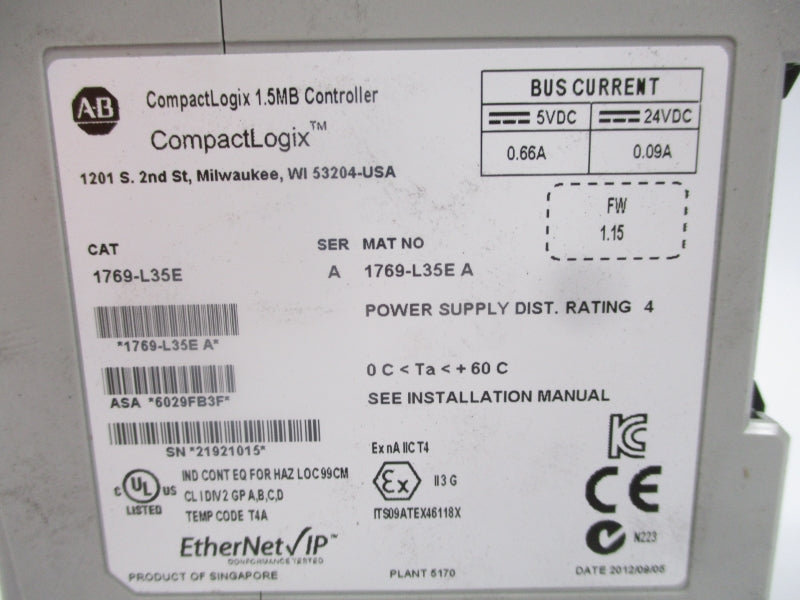 ALLEN BRADLEY 1769-L35E SER. A F/W 1.15 24VDC 0.09A NSMP