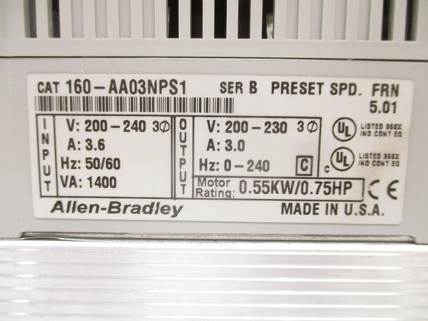 ALLEN BRADLEY 160-AA03NPS1 SER. B F/W 5.01 200-240V 3.6A NSMP