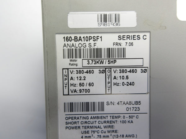 ALLEN BRADLEY 160-BA10PSF1 SER. C F/W 7.06 380-460V 12.2A UNMP