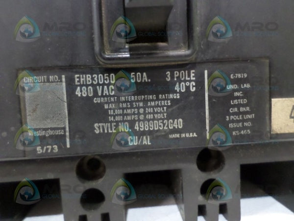 WESTINGHOUSE EHB3050 CIRCUIT BREAKER 50A (AS PICTURED)  UNMP