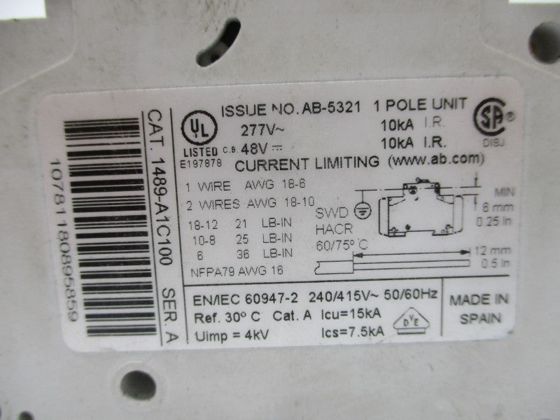 ALLEN BRADLEY 1489-A1C100 SER. A 10A 277V UNMP